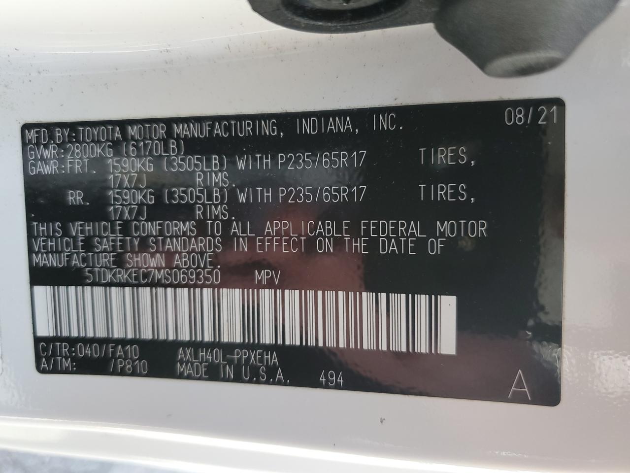 2021 Toyota Sienna Le VIN: 5TDKRKEC7MS069350 Lot: 63483145