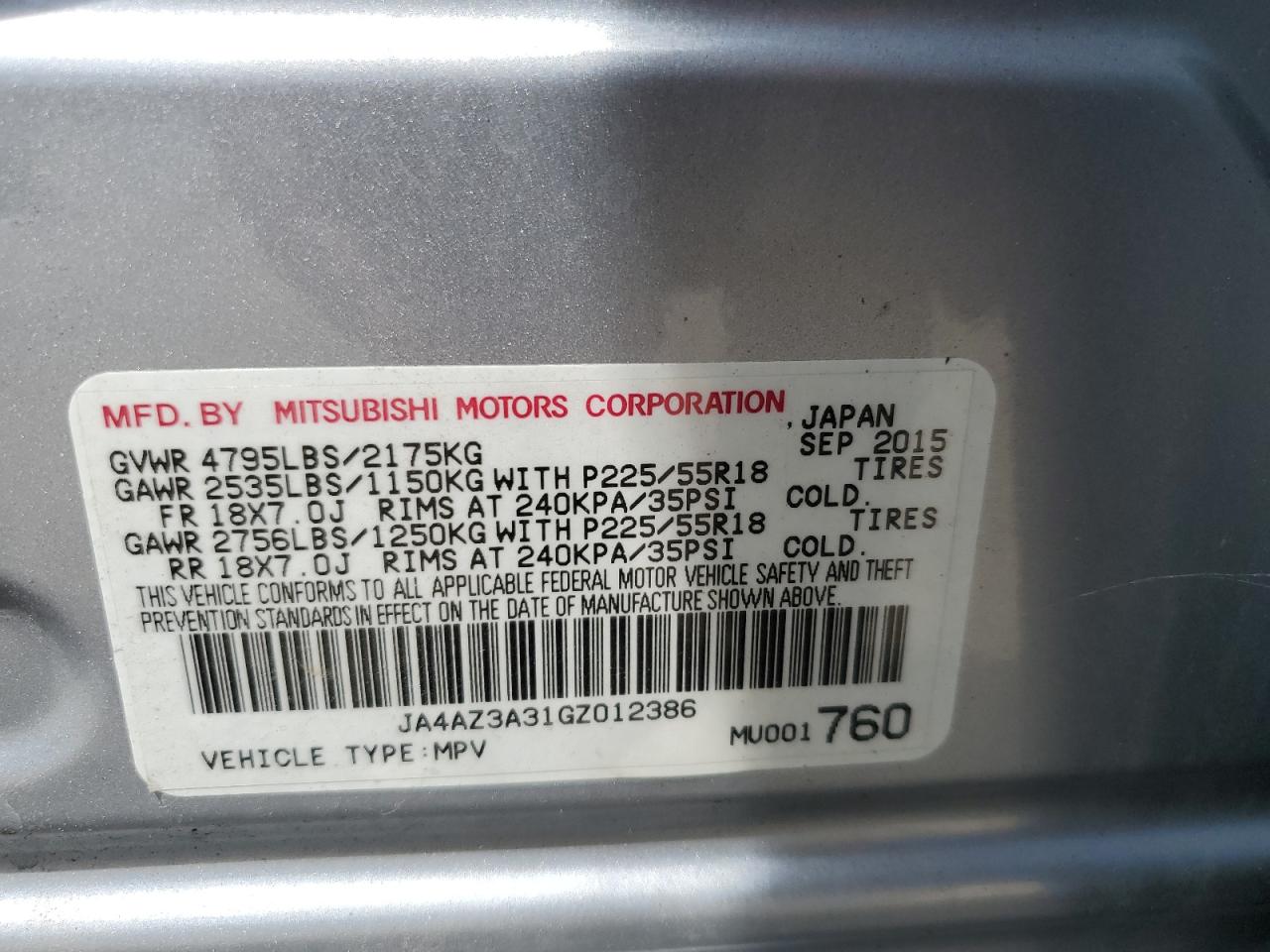 2016 Mitsubishi Outlander Se VIN: JA4AZ3A31GZ012386 Lot: 64557965