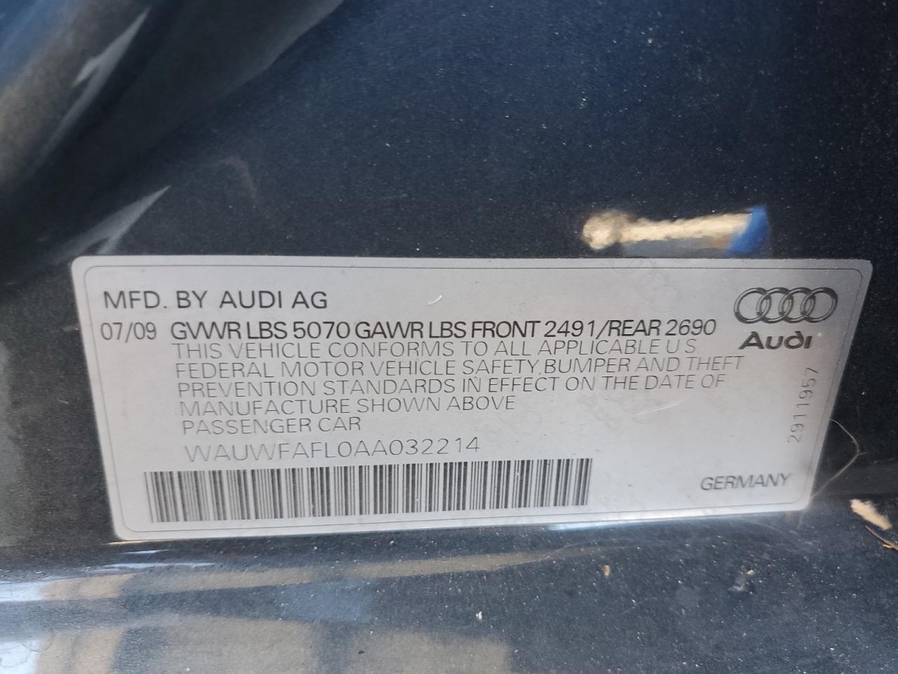 2010 Audi A4 Premium Plus VIN: WAUWFAFL0AA032214 Lot: 65534495