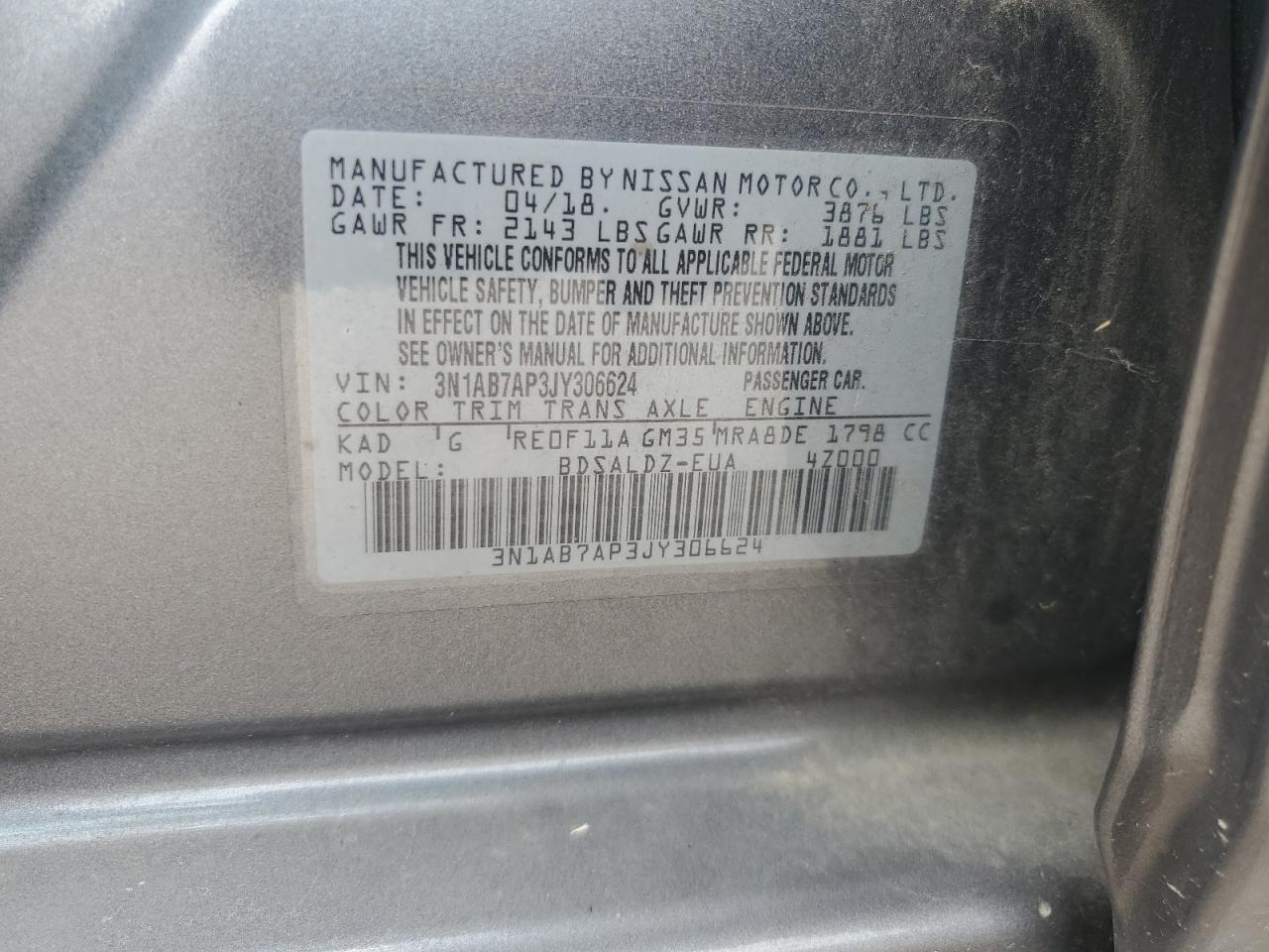2018 Nissan Sentra S VIN: 3N1AB7AP3JY306624 Lot: 64028045