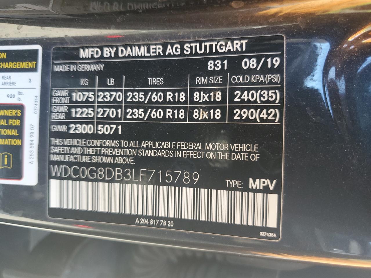 2020 Mercedes-Benz Glc 300 VIN: WDC0G8DB3LF715789 Lot: 65291895