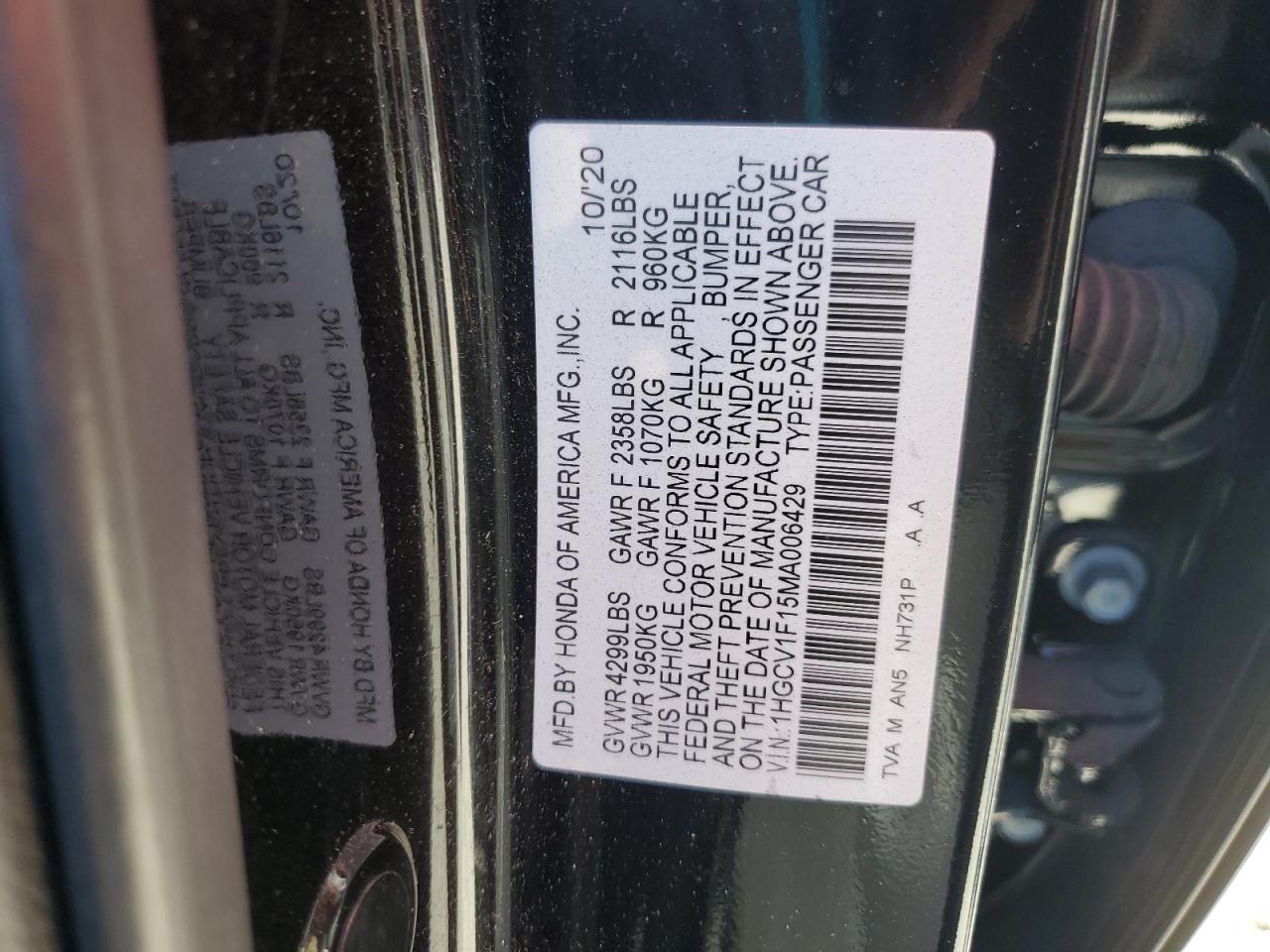 2021 Honda Accord Lx VIN: 1HGCV1F15MA006429 Lot: 63145655
