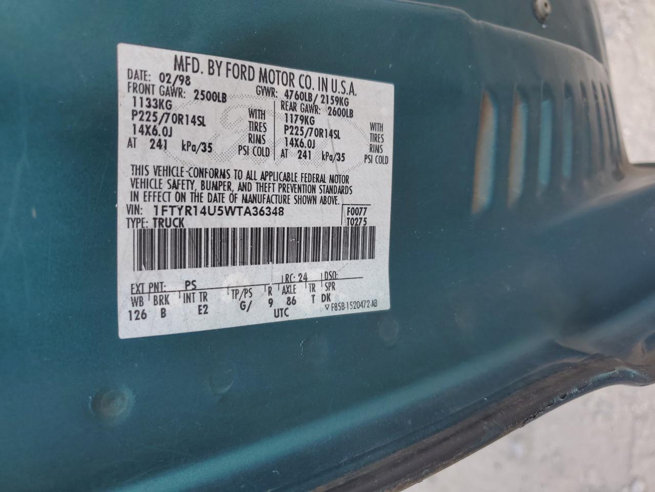 1998 Ford Ranger Super Cab VIN: 1FTYR14U5WTA36348 Lot: 64601045
