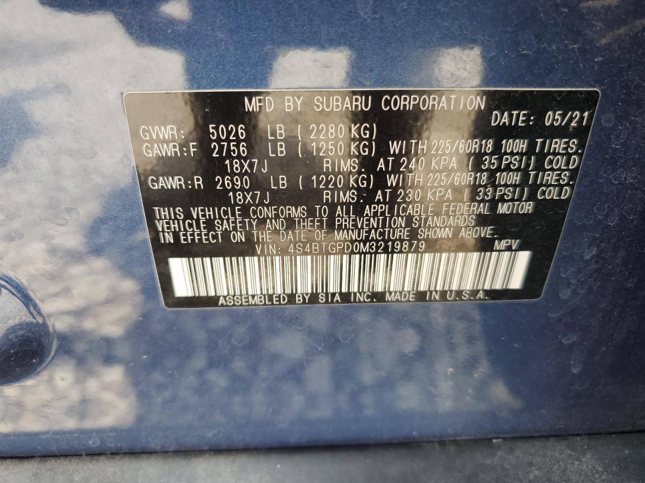 2021 Subaru Outback Touring VIN: 4S4BTGPD0M3219879 Lot: 64961665