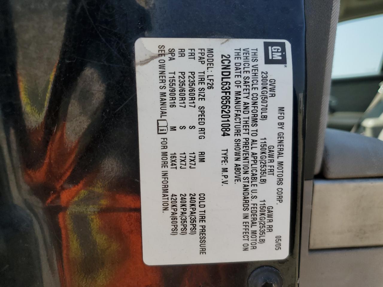 2005 Chevrolet Equinox Lt VIN: 2CNDL63F856201084 Lot: 63844755