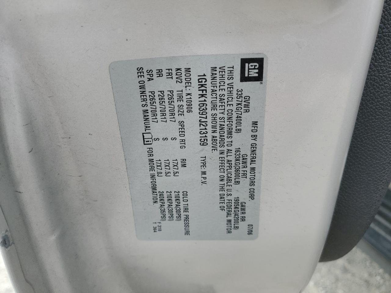 2007 GMC Yukon Xl K1500 VIN: 1GKFK16397J213159 Lot: 65589155