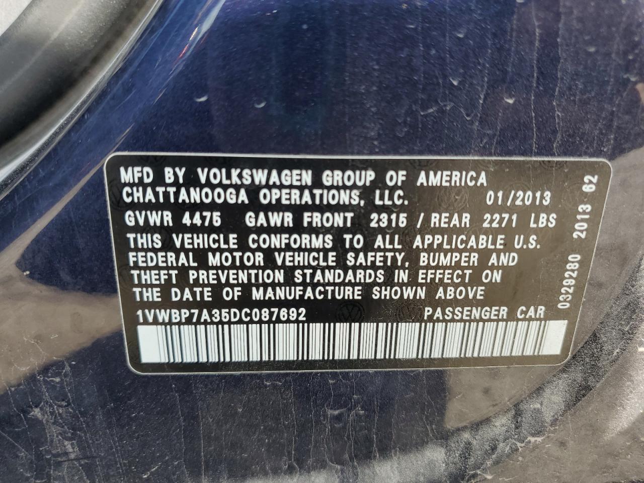 2013 Volkswagen Passat Se VIN: 1VWBP7A35DC087692 Lot: 62236985