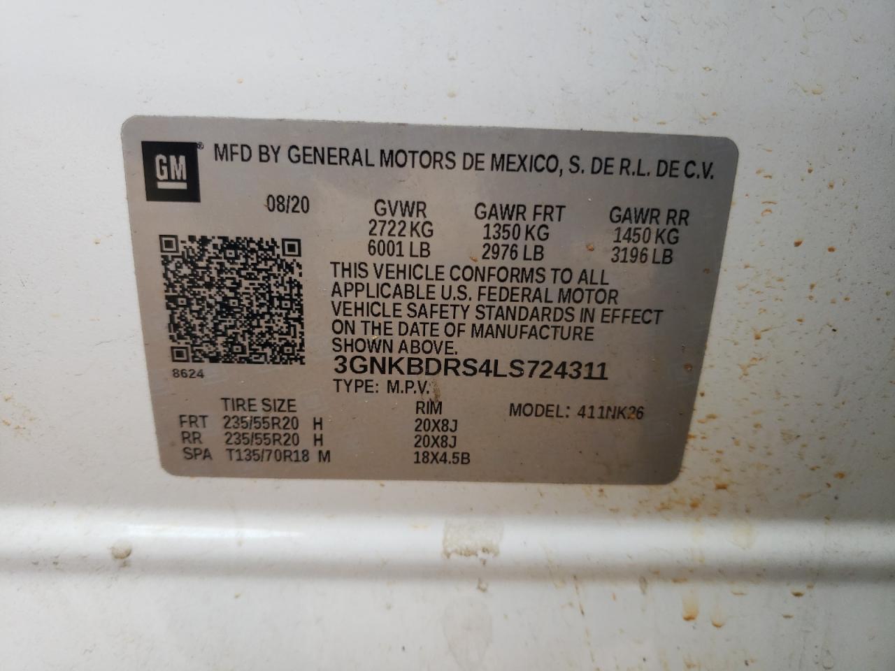 2020 Chevrolet Blazer 3Lt VIN: 3GNKBDRS4LS724311 Lot: 66924345