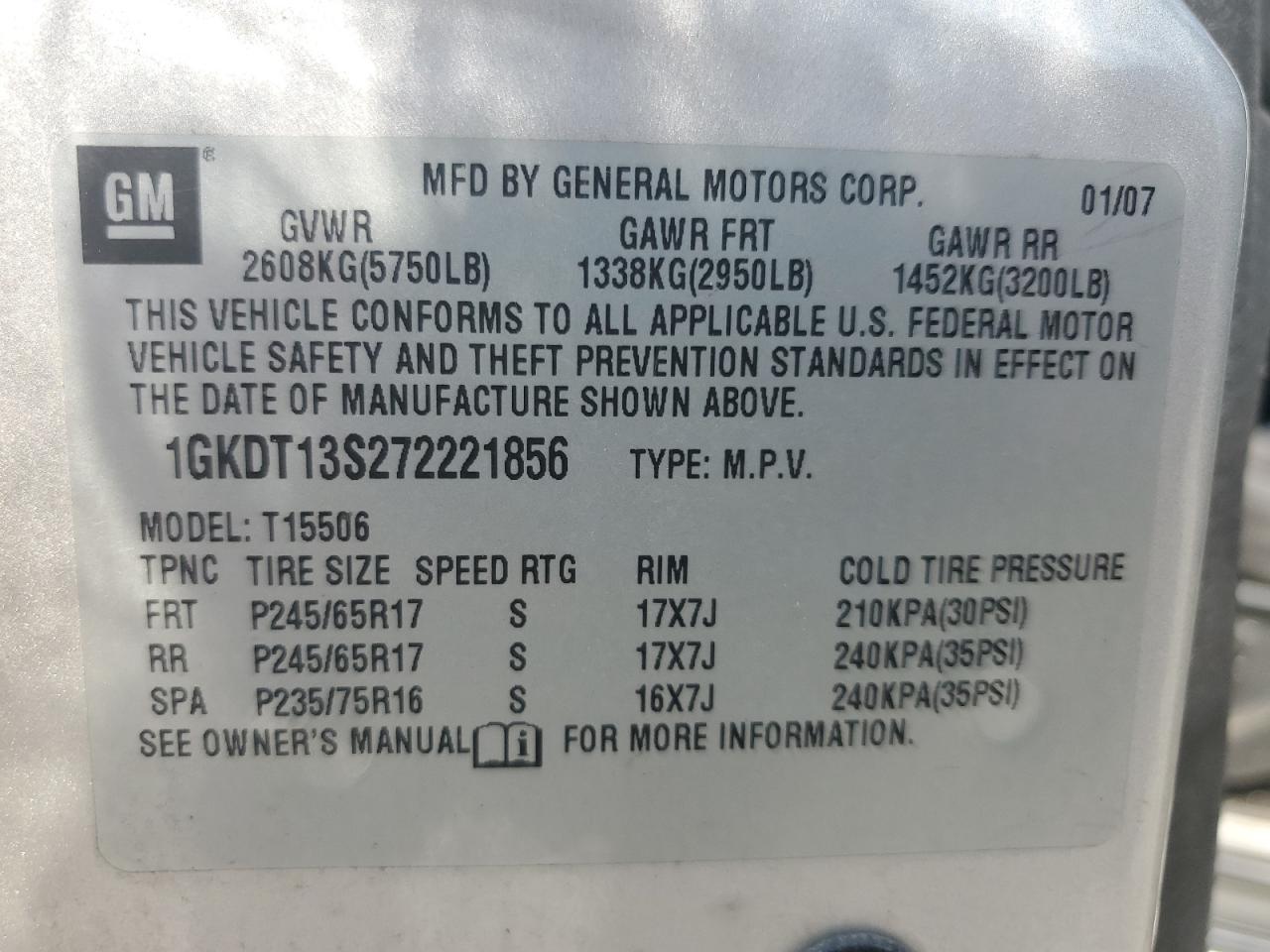 2007 GMC Envoy VIN: 1GKDT13S272221856 Lot: 63641015