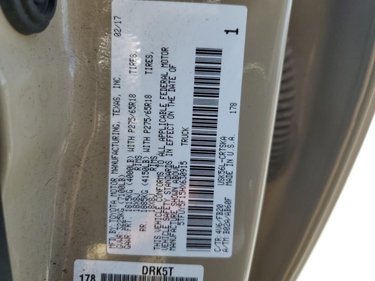 2017 Toyota Tundra Double Cab Sr VIN: 5TFUY5F15HX630915 Lot: 64274605