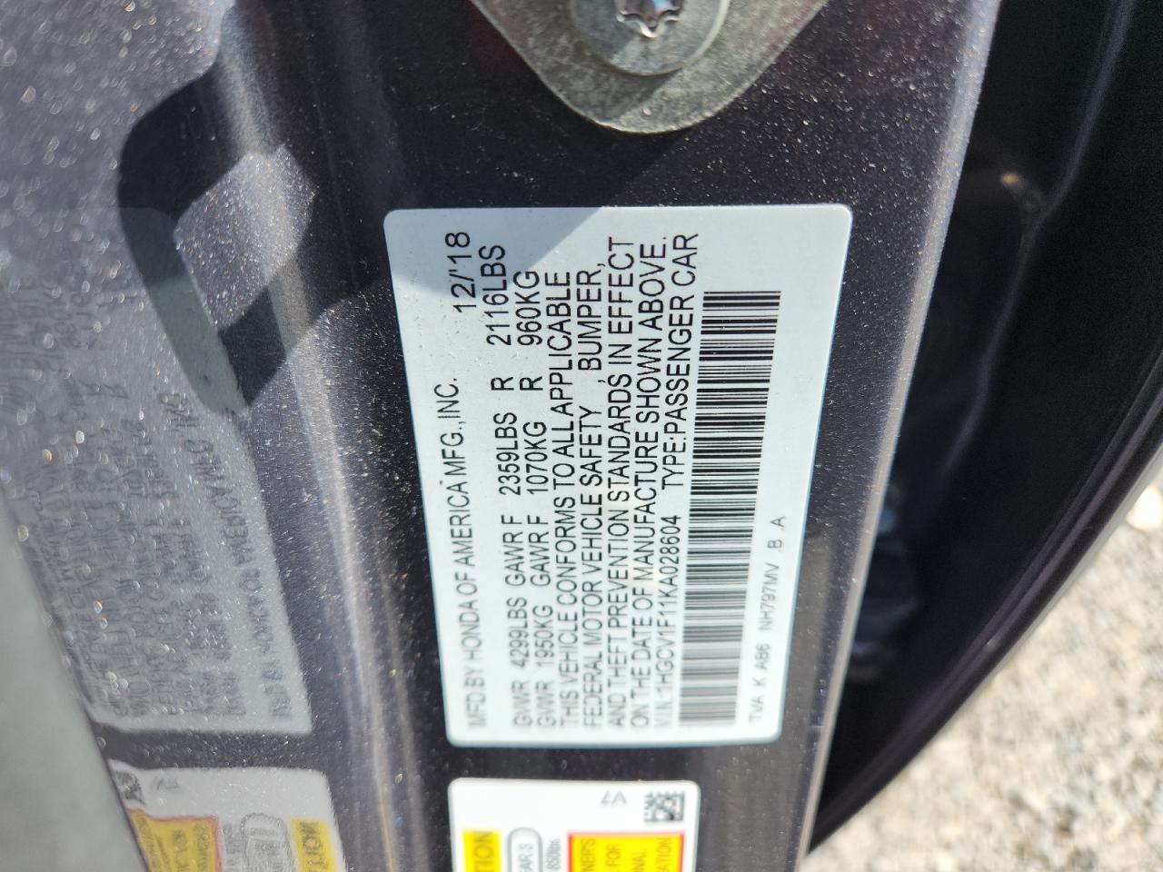 2019 Honda Accord Lx VIN: 1HGCV1F11KA028604 Lot: 65207115