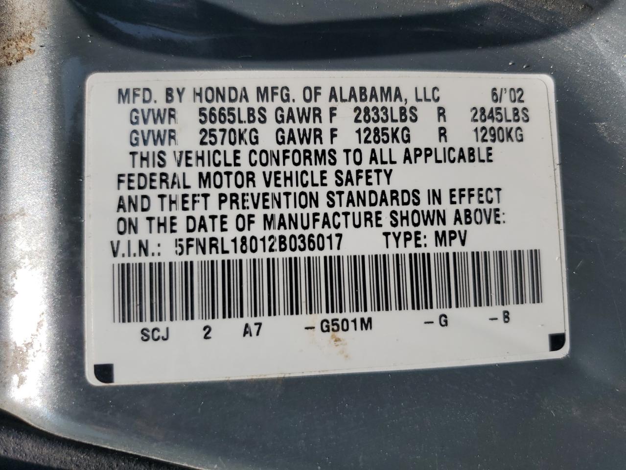 2002 Honda Odyssey Exl VIN: 5FNRL18012B036017 Lot: 63270565