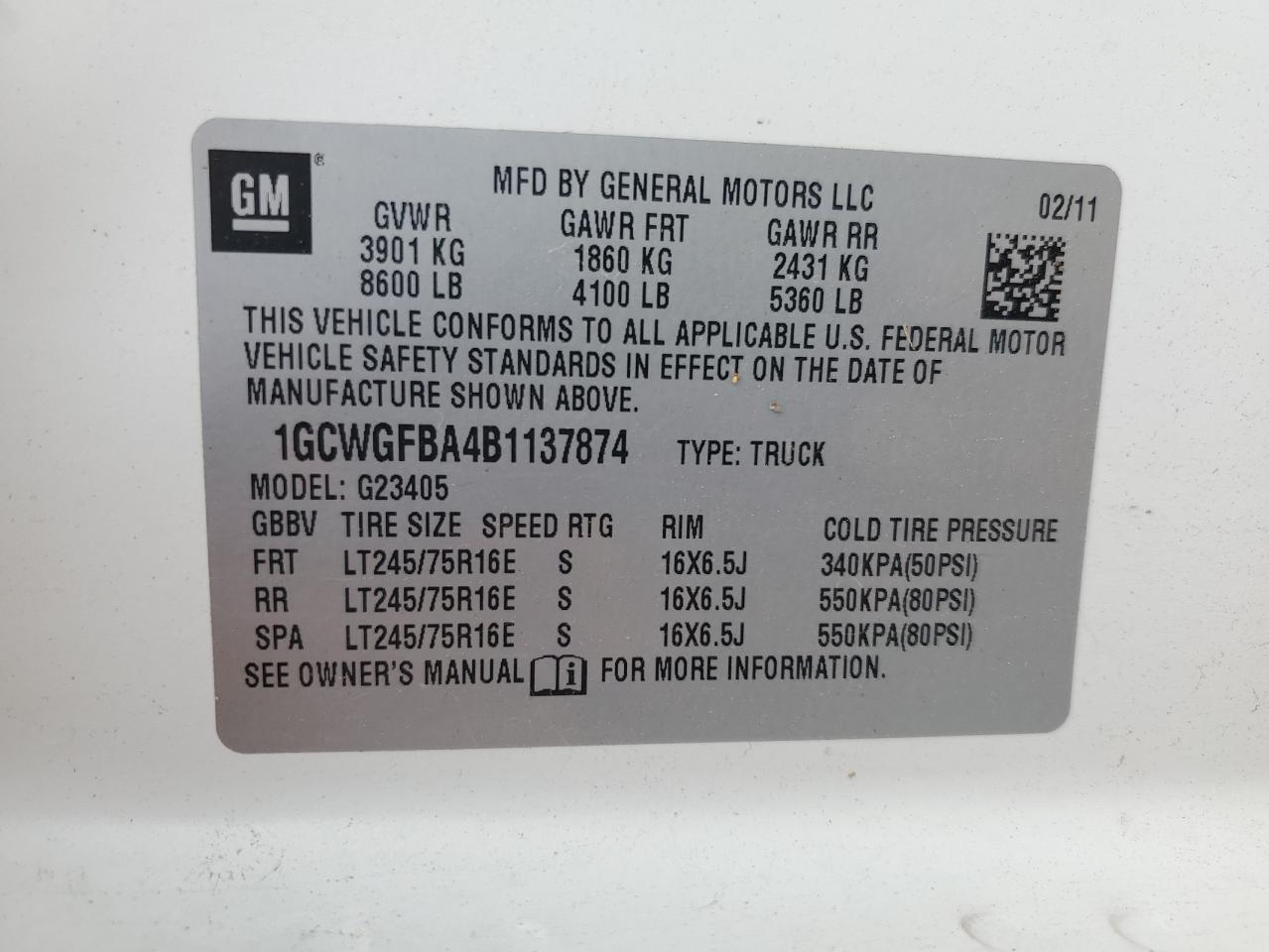 2011 Chevrolet Express G2500 VIN: 1GCWGFBA4B1137874 Lot: 65433345