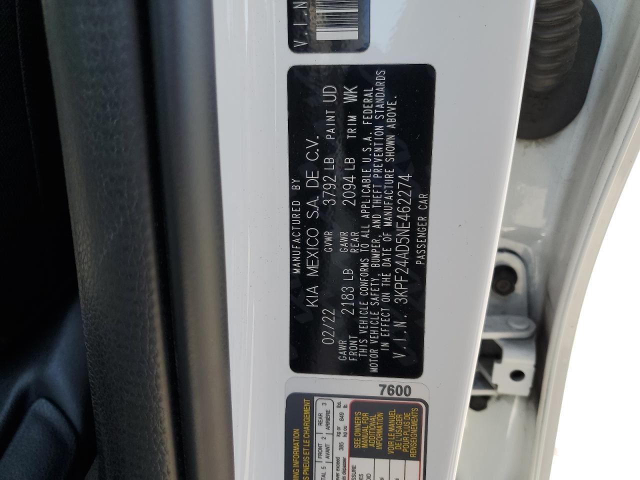 3KPF24AD5NE462274 2022 Kia Forte Fe