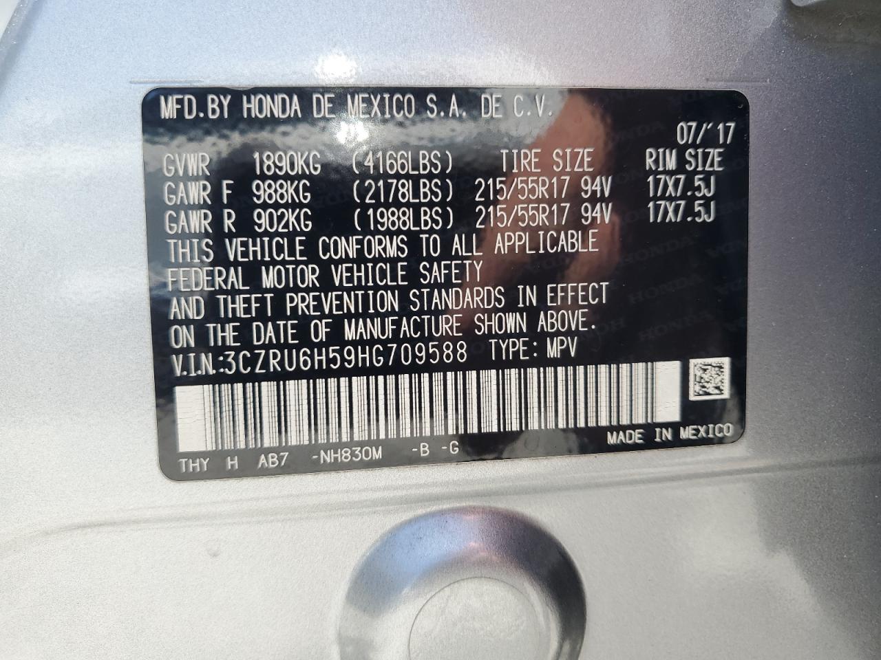 2017 Honda Hr-V Ex VIN: 3CZRU6H59HG709588 Lot: 64548405