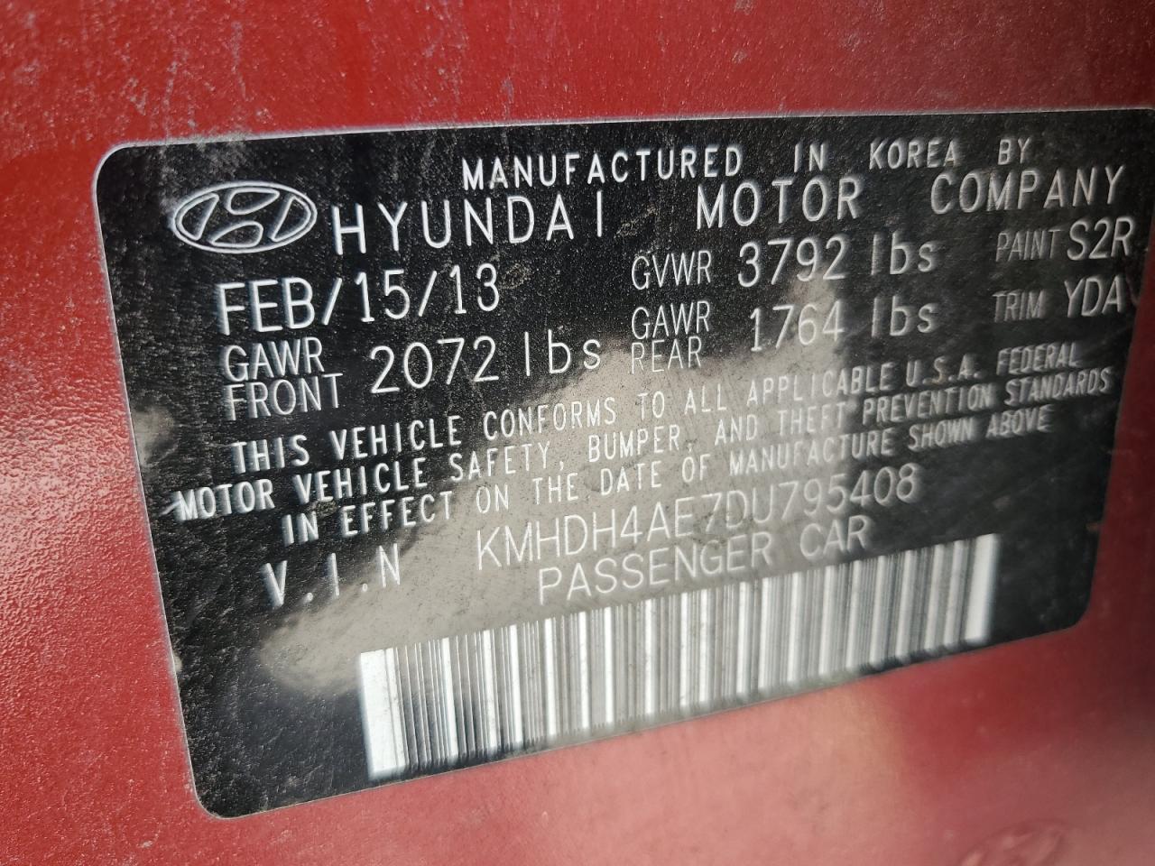 2013 Hyundai Elantra Gls VIN: KMHDH4AE7DU795408 Lot: 64779735