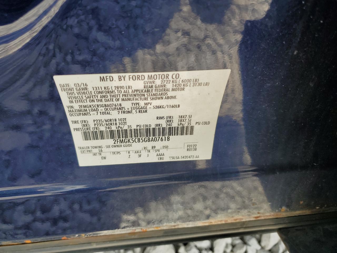 2016 Ford Flex Sel VIN: 2FMGK5C85GBA07618 Lot: 63851545