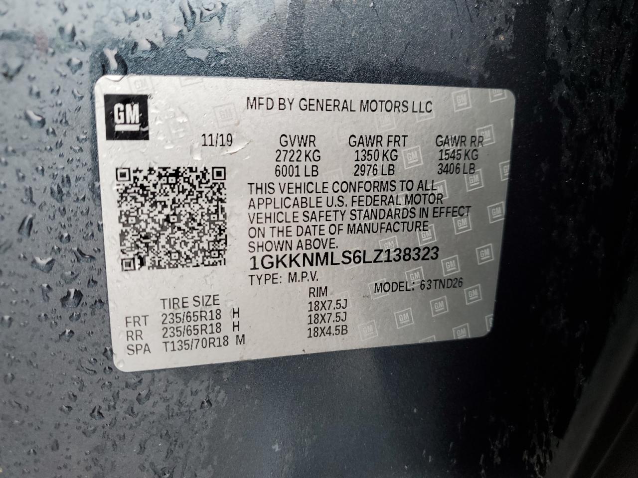 2020 GMC Acadia Slt VIN: 1GKKNMLS6LZ138323 Lot: 64645885