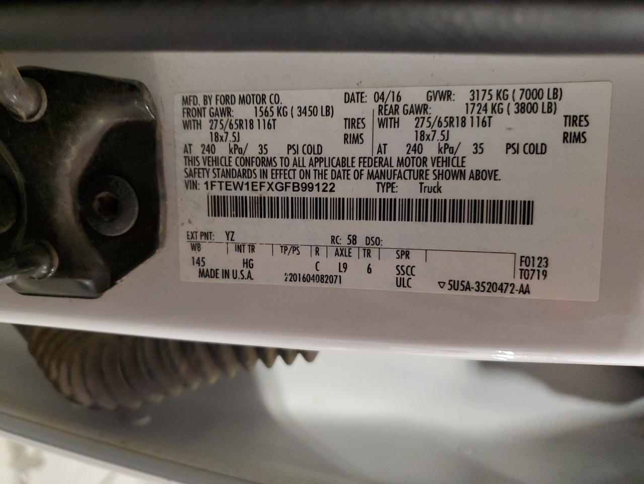 2016 Ford F150 Supercrew VIN: 1FTEW1EFXGFB99122 Lot: 67020105