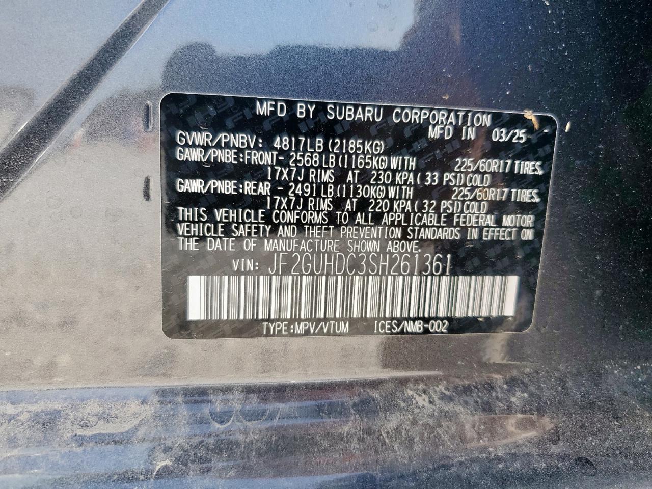 2025 Subaru Crosstrek Premium VIN: JF2GUHDC3SH261361 Lot: 64828935