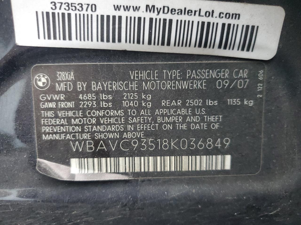 2008 BMW 328 Xi VIN: WBAVC93518K036849 Lot: 64830875