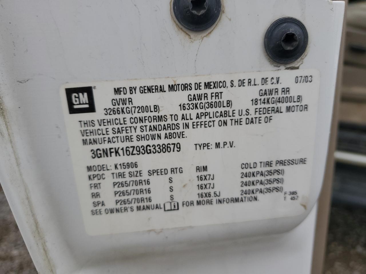 2003 Chevrolet Suburban K1500 VIN: 3GNFK16Z93G338679 Lot: 64646305