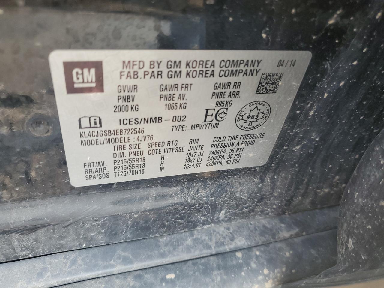 2014 Buick Encore VIN: KL4CJGSB4EB722546 Lot: 64810625