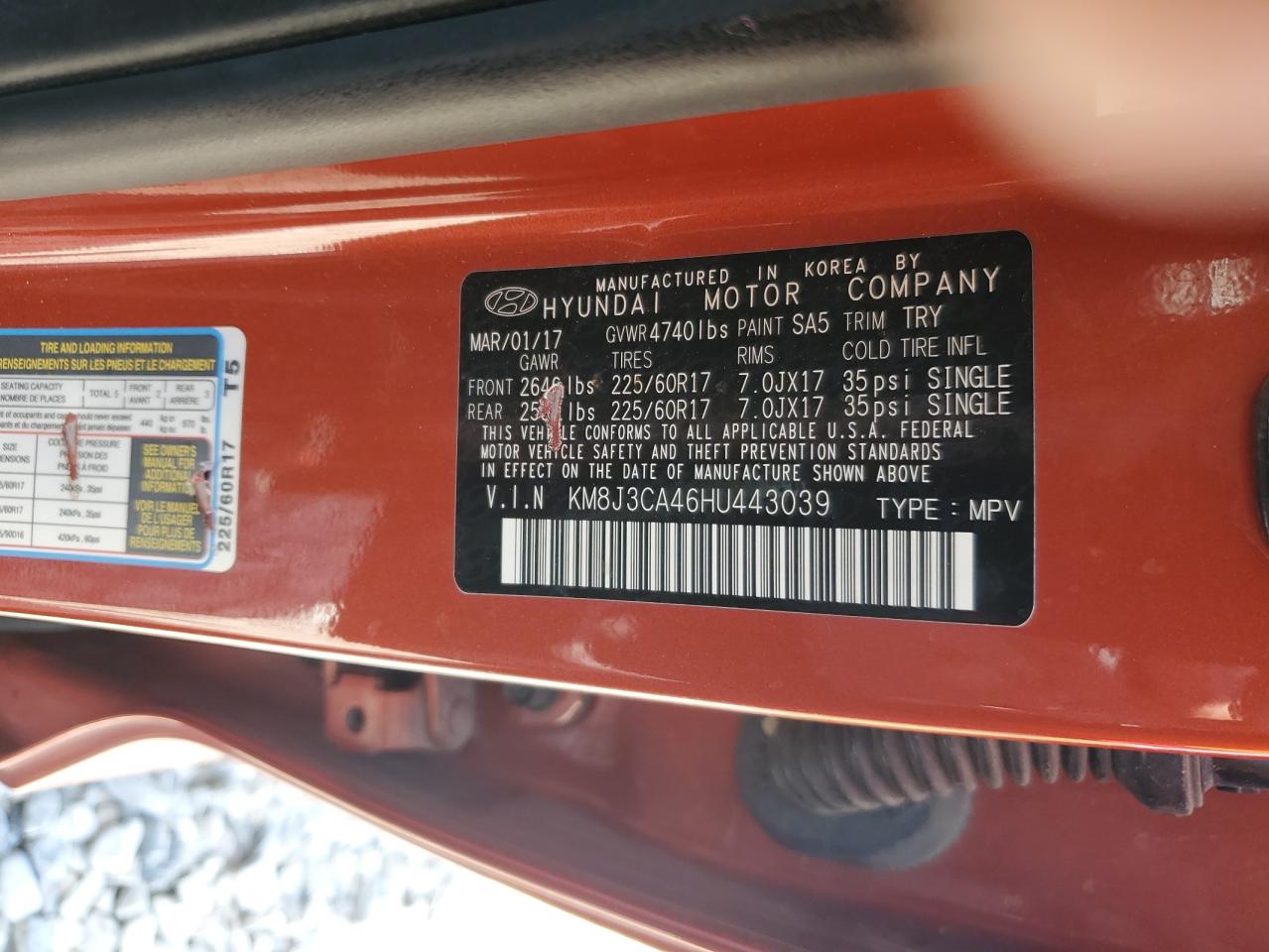 2017 Hyundai Tucson Limited VIN: KM8J3CA46HU443039 Lot: 65056195