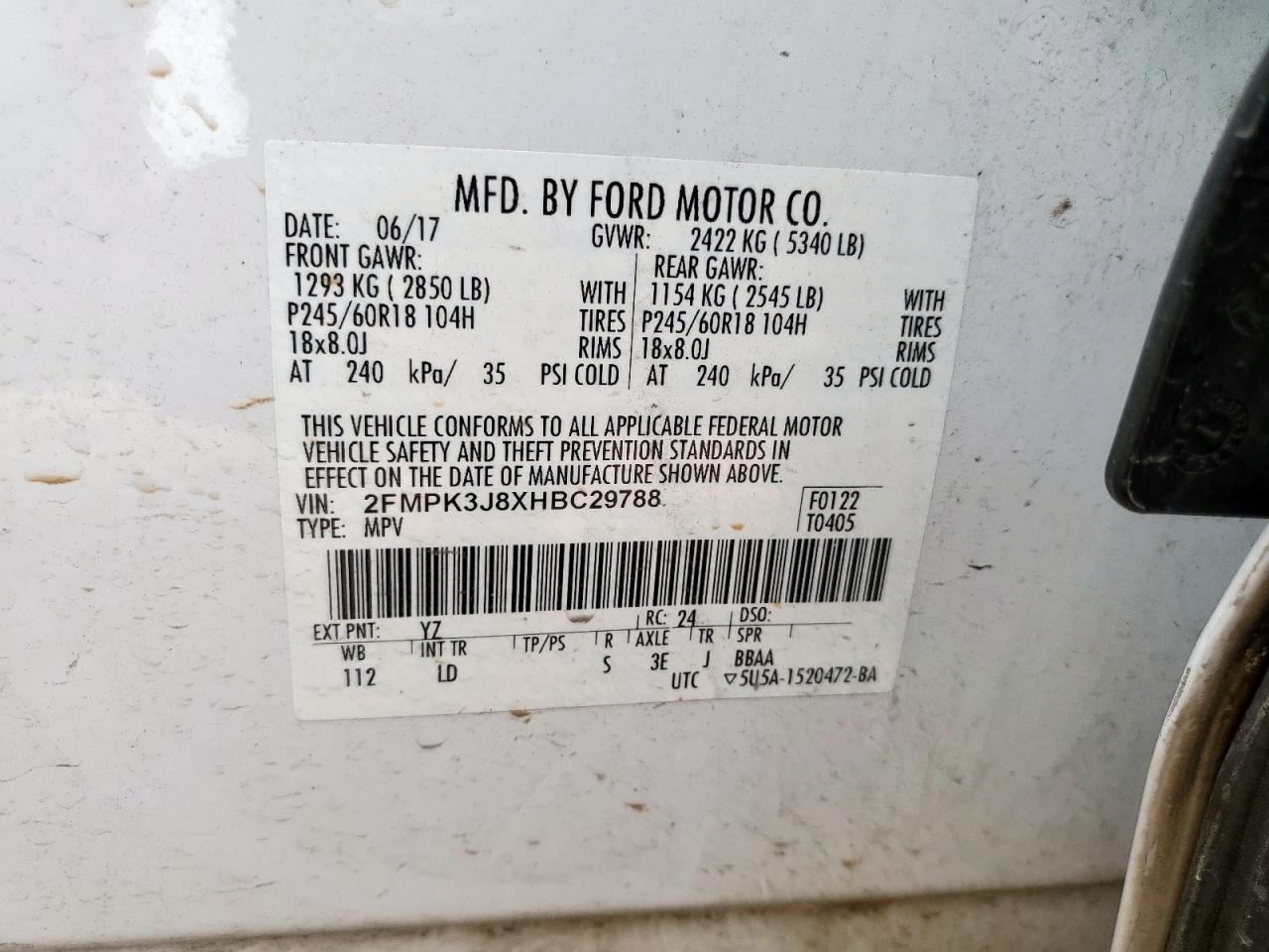 2017 Ford Edge Sel VIN: 2FMPK3J8XHBC29788 Lot: 65339215