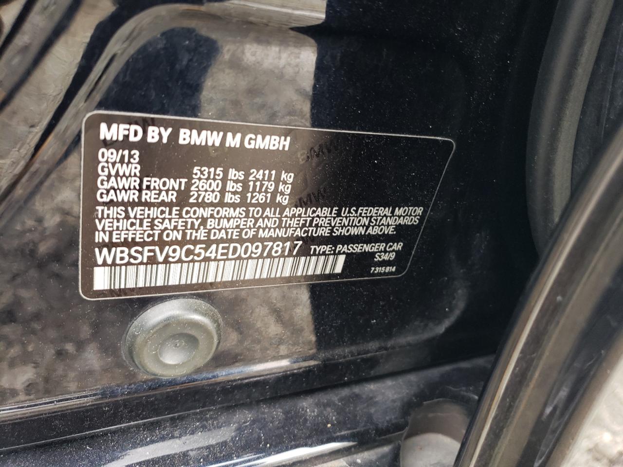 2014 BMW M5 VIN: WBSFV9C54ED097817 Lot: 63457005