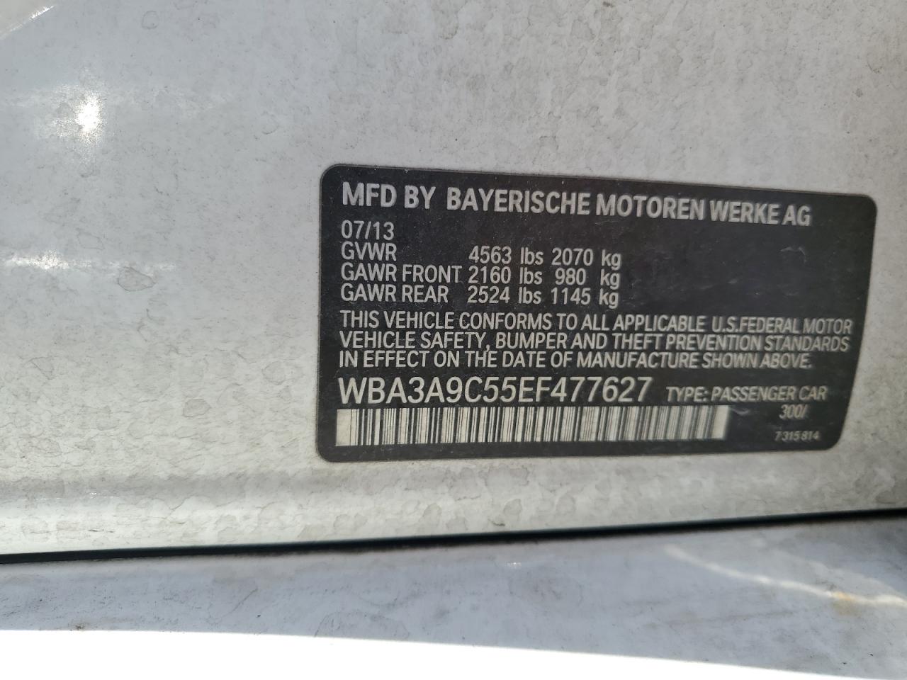 2014 BMW 335 I VIN: WBA3A9C55EF477627 Lot: 63781865