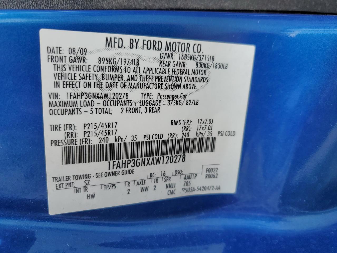 2010 Ford Focus Ses VIN: 1FAHP3GNXAW120278 Lot: 65201755