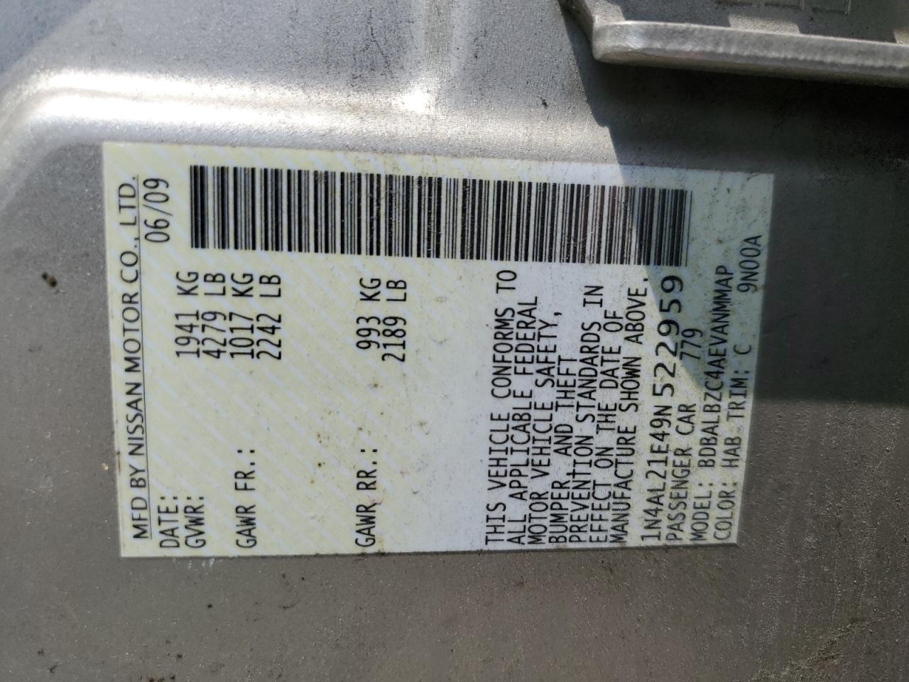 2009 Nissan Altima 2.5 VIN: 1N4AL21E49N522959 Lot: 63344185