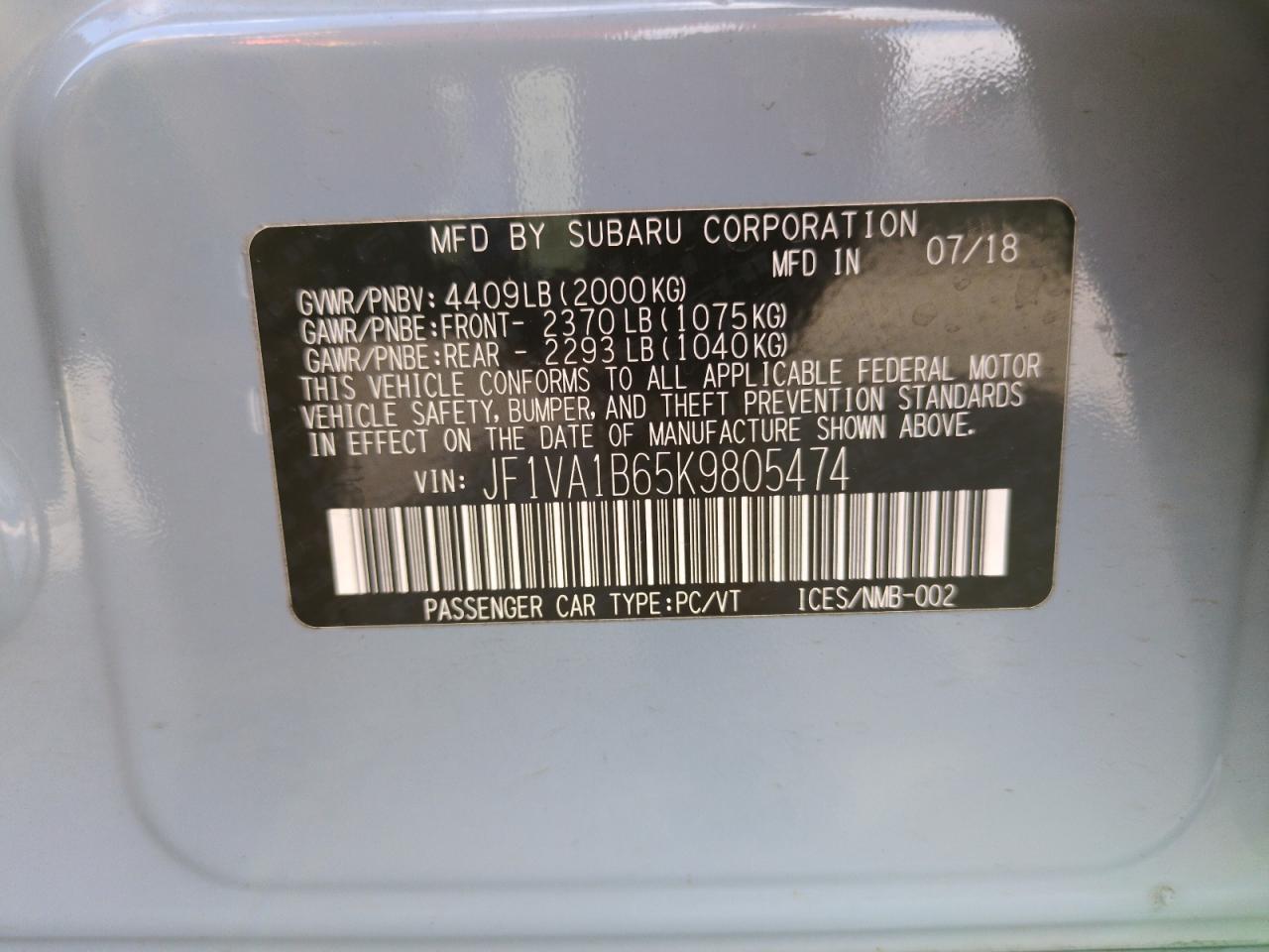 2019 Subaru Wrx Premium VIN: JF1VA1B65K9805474 Lot: 64409055