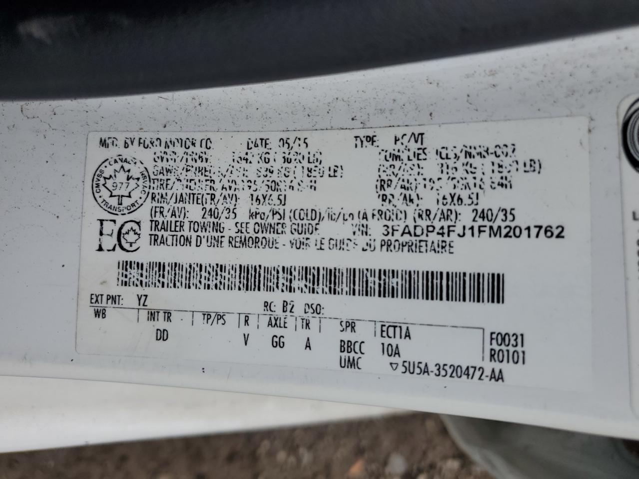 2015 Ford Fiesta Titanium VIN: 3FADP4FJ1FM201762 Lot: 66358355