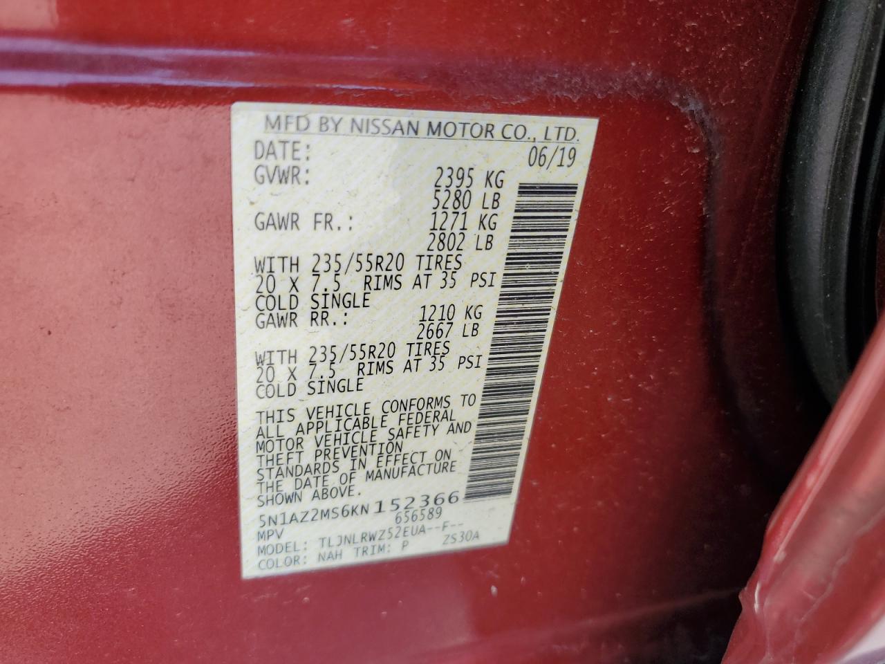 2019 Nissan Murano S VIN: 5N1AZ2MS6KN152366 Lot: 62728635