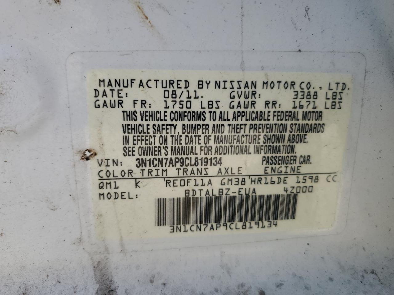 2012 Nissan Versa S VIN: 3N1CN7AP9CL819134 Lot: 64403645