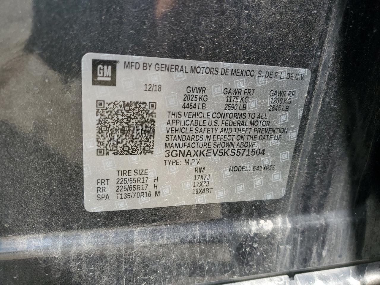 2019 Chevrolet Equinox Lt VIN: 3GNAXKEV5KS571504 Lot: 64785515