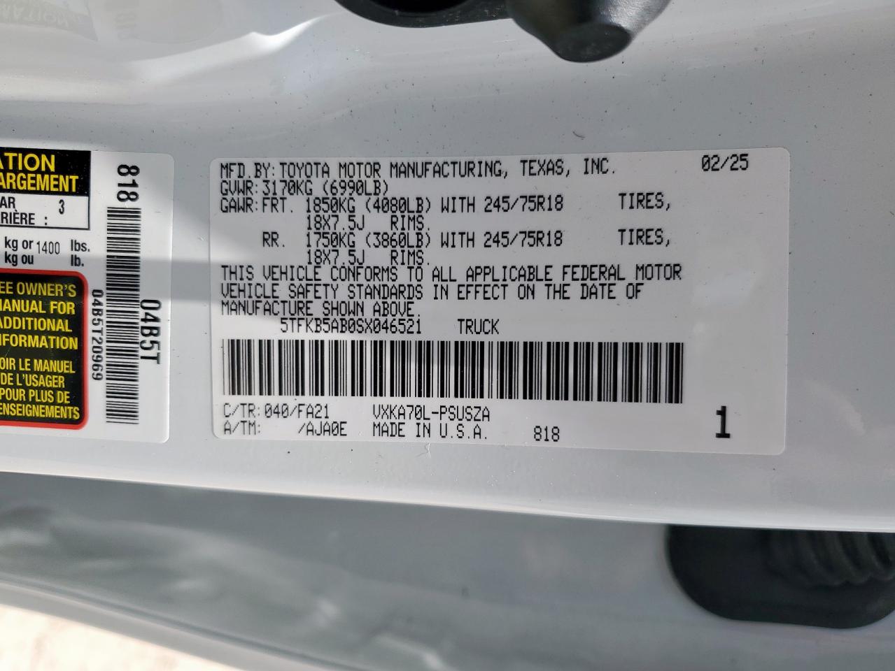 2025 Toyota Tundra Crewmax Sr VIN: 5TFKB5AB0SX046521 Lot: 63084955