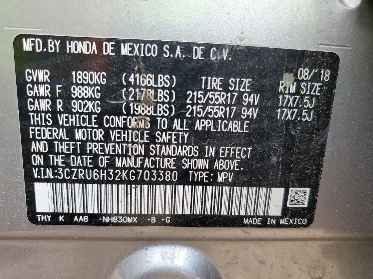 2019 Honda Hr-V Lx VIN: 3CZRU6H32KG703380 Lot: 65195575