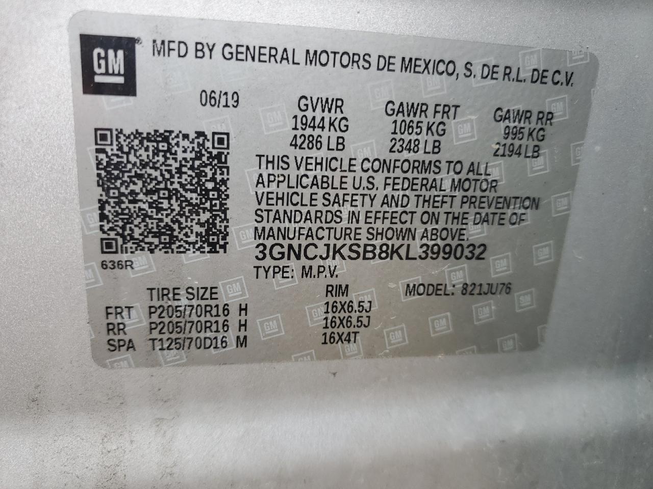 2019 Chevrolet Trax Ls VIN: 3GNCJKSB8KL399032 Lot: 81541795