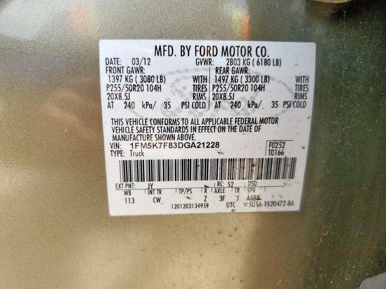 2013 Ford Explorer Limited VIN: 1FM5K7F83DGA21228 Lot: 64426575