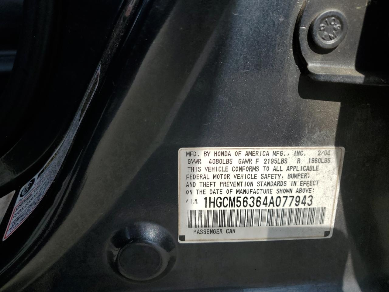 2004 Honda Accord Lx VIN: 1HGCM56364A077943 Lot: 65475405
