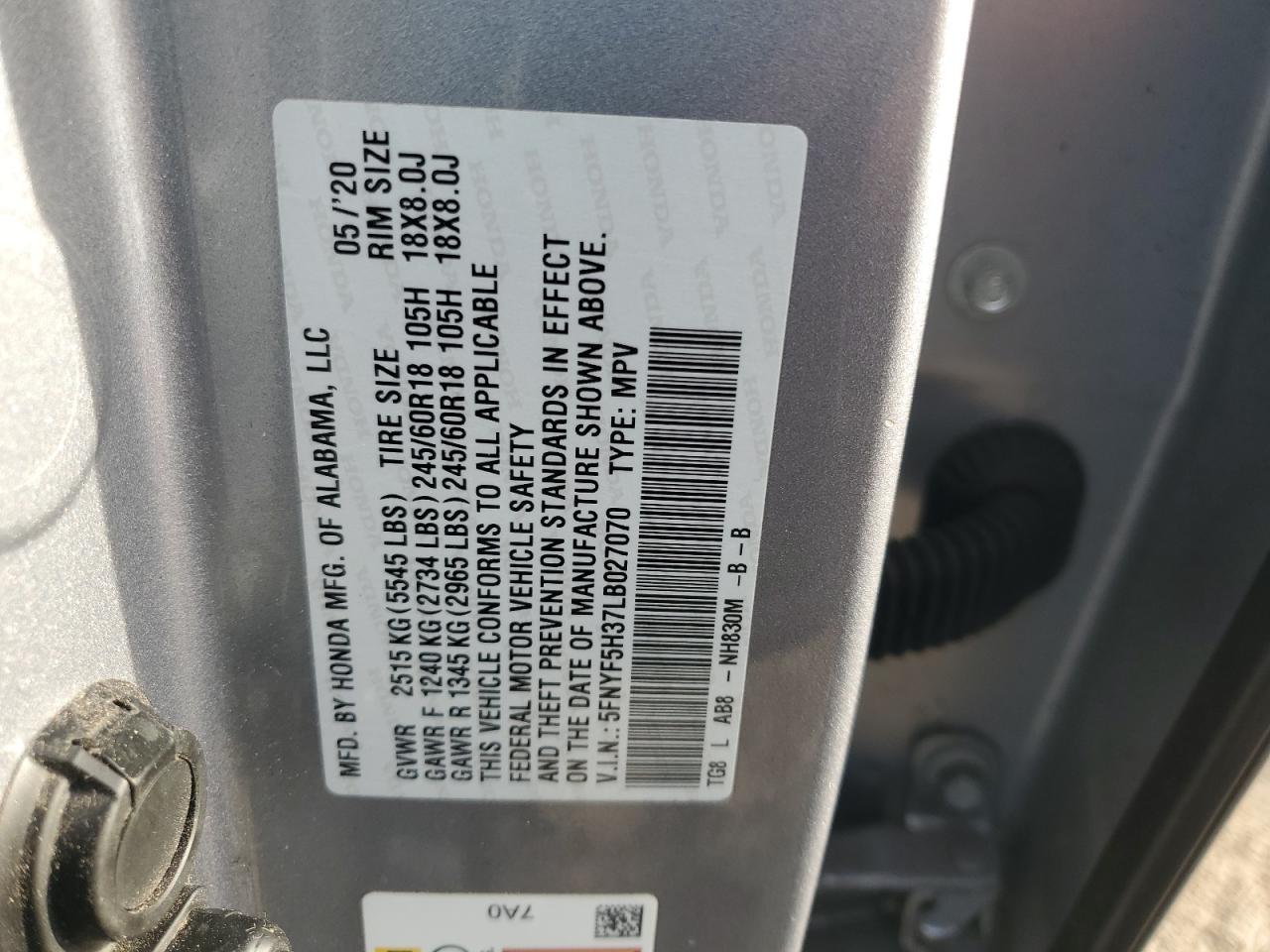2020 Honda Pilot Ex VIN: 5FNYF5H37LB027070 Lot: 64189345