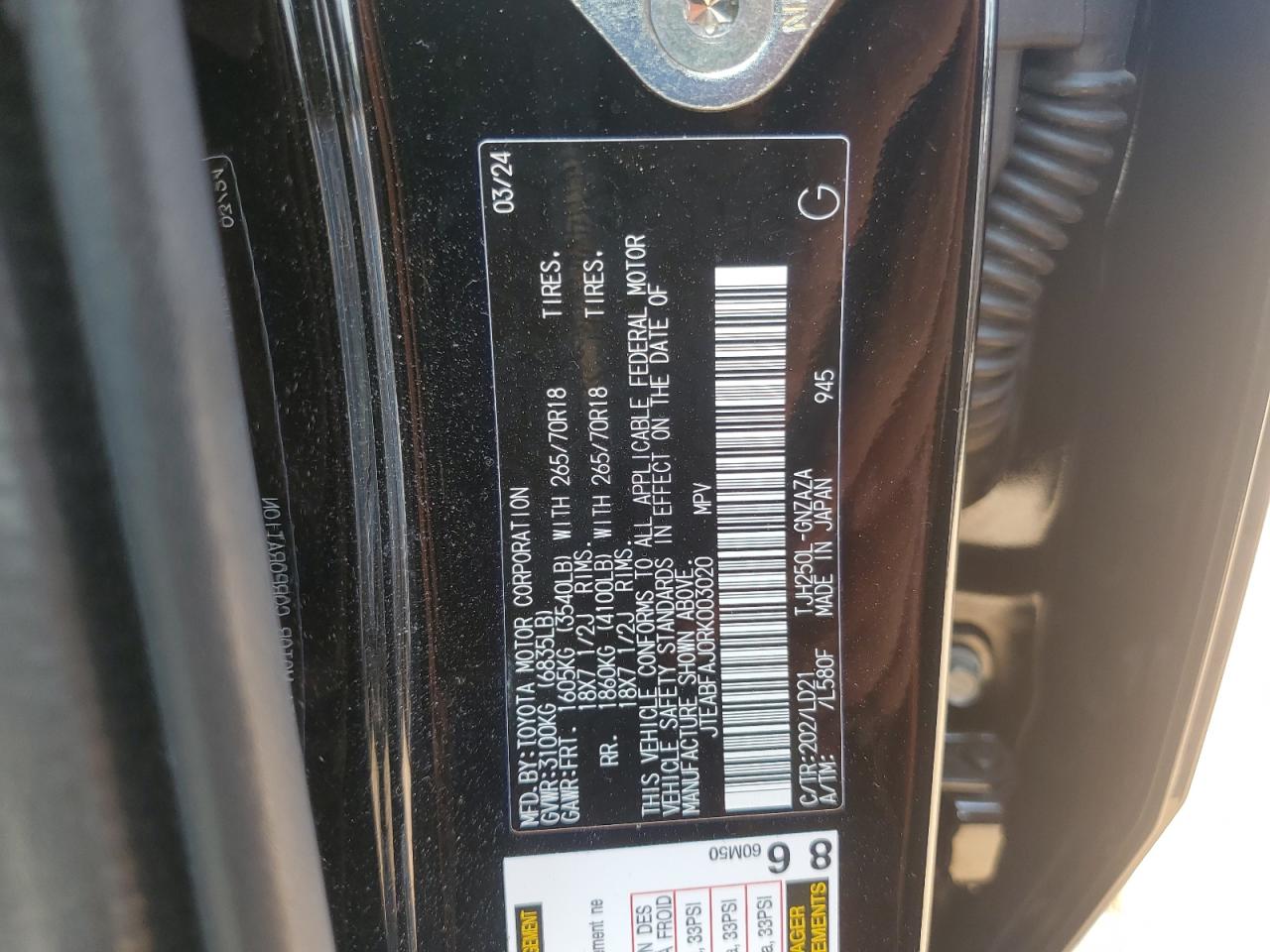 2024 Toyota Land Cruiser Base VIN: JTEABFAJ0RK003020 Lot: 63431055
