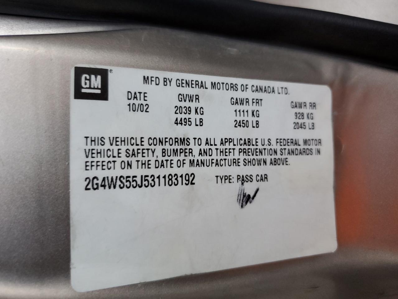 2003 Buick Century Custom VIN: 2G4WS55J531183192 Lot: 63114995