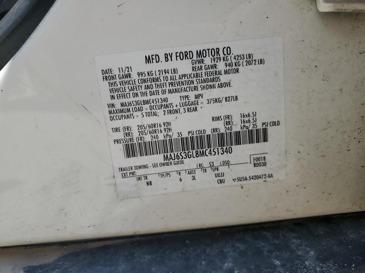 2021 Ford Ecosport Se VIN: MAJ6S3GL8MC451340 Lot: 64092975