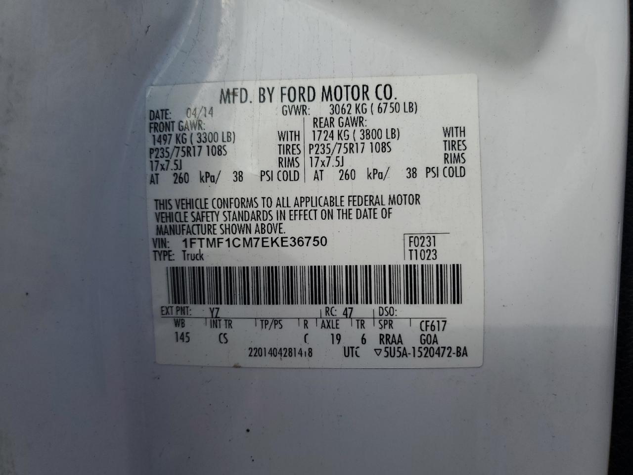 2014 Ford F150 VIN: 1FTMF1CM7EKE36750 Lot: 64774355