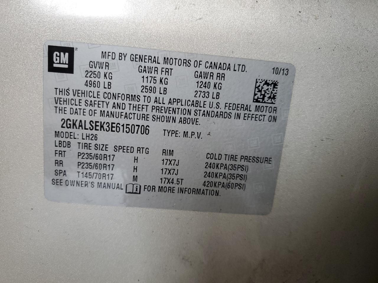 2014 GMC Terrain Slt VIN: 2GKALSEK3E6150706 Lot: 65508325