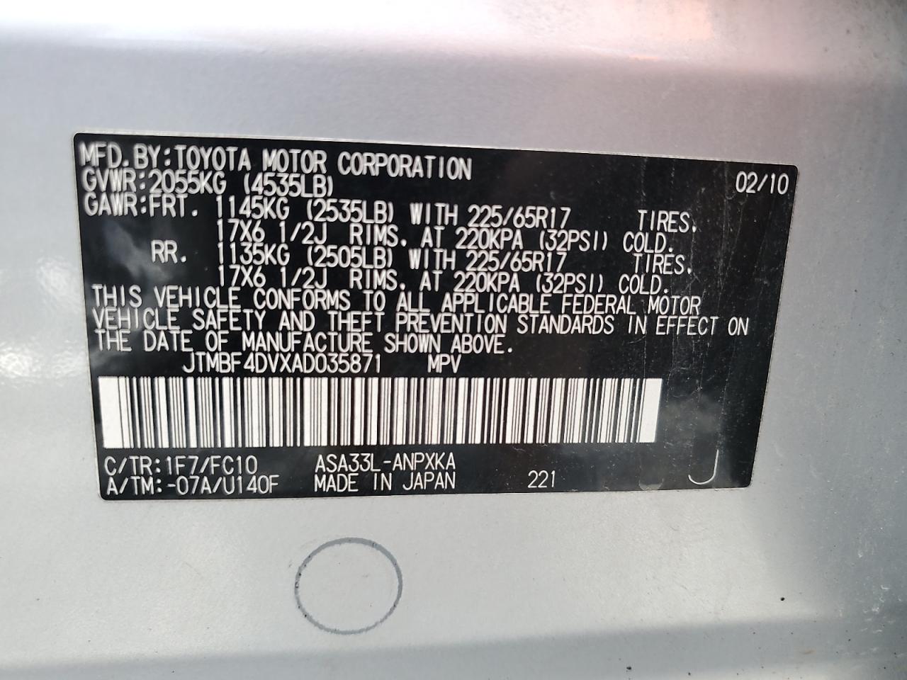 2010 Toyota Rav4 VIN: JTMBF4DVXAD035871 Lot: 64582965